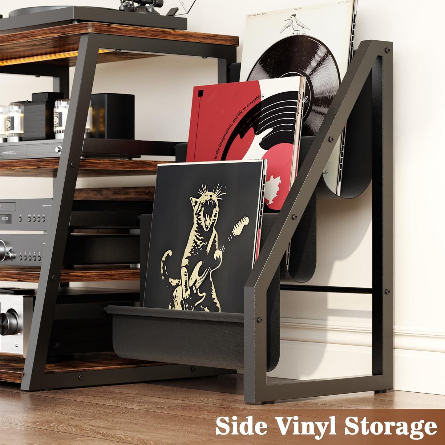 4-Tier Media Stand with Vinyl Storage, Power Outlets & LED Lights