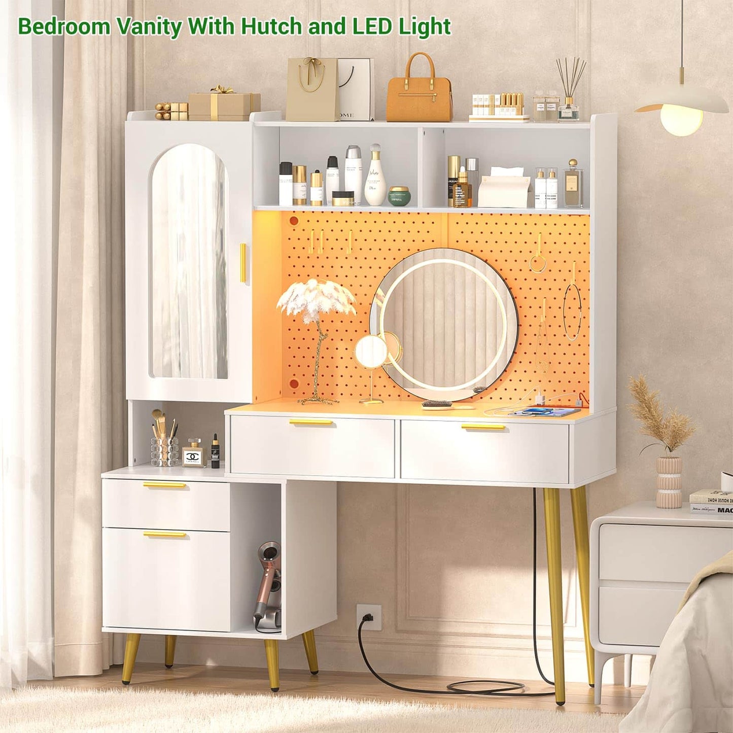 48" Makeup Vanity with Hutch, LED Lighted Mirror & Charging Station, 5 Large Drawers, Shelves, Pegboard & Cabinet
