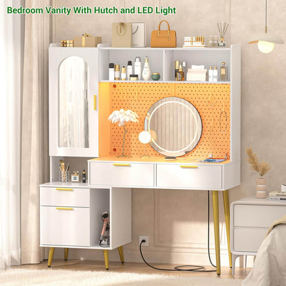 48" Makeup Vanity with Hutch, LED Lighted Mirror & Charging Station, 5 Large Drawers, Shelves, Pegboard & Cabinet