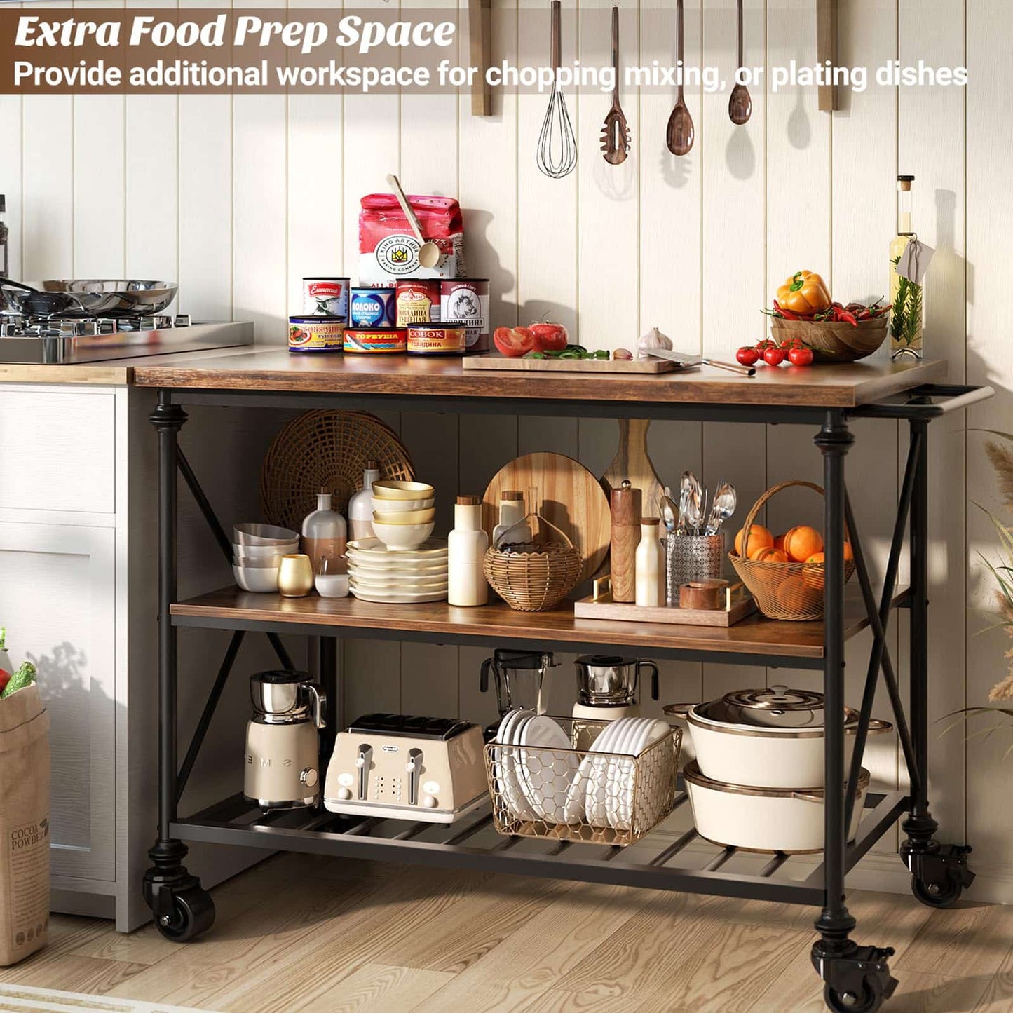 Industrial Mobile Kitchen Island Cart with Wheels: 3-Tier Storage, Lockable Casters for Kitchen, Dining & Small Spaces