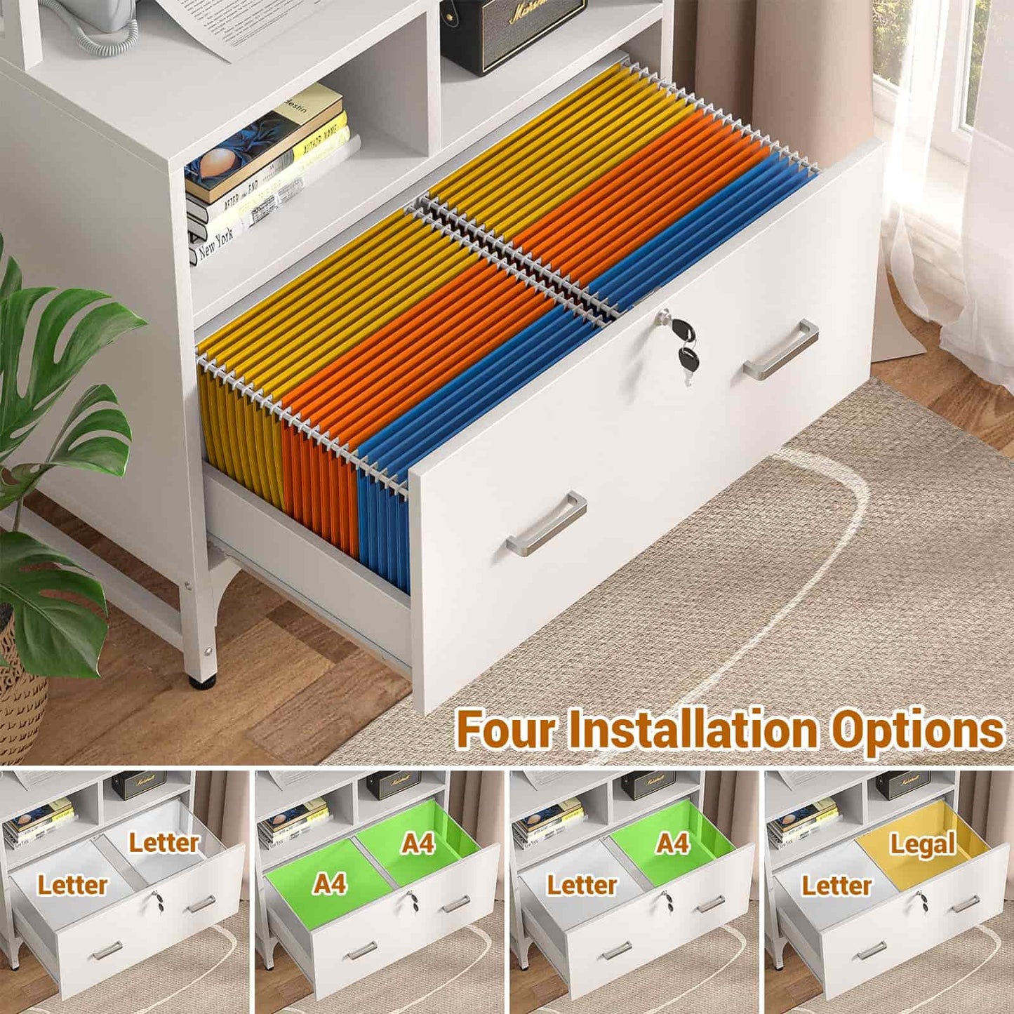 2-Pack Vertical File Cabinet with Shelves, Charging Station, Lock, Large Drawer & Printer Stand