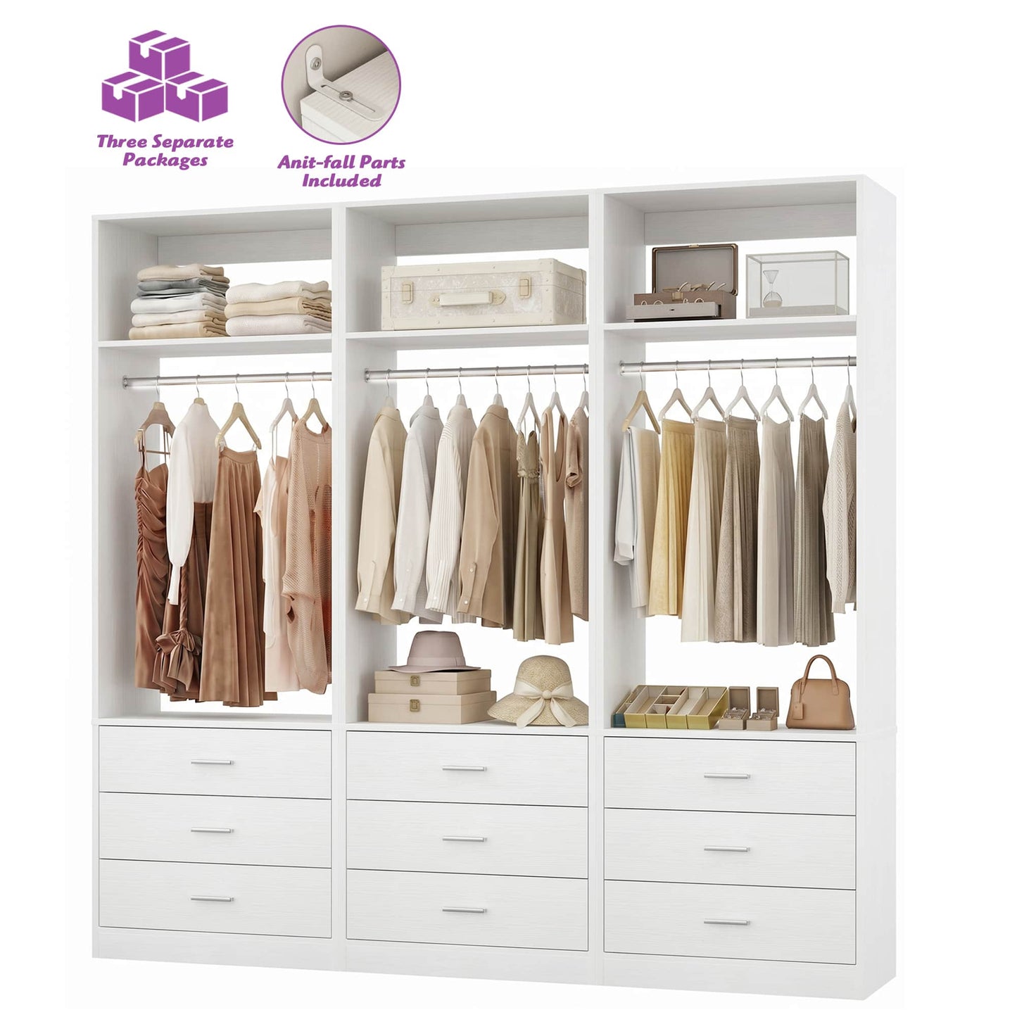 Freestanding Closet System Set - 3-Pack with 3 Wood Drawers Each,With Hanging Rod & Shelves, 24"L x 15"W x 80"H
