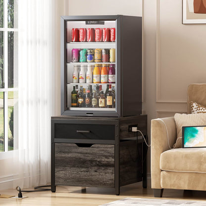 Mini Fridge Stand with Drawer Storage & Sockets, Heavy Duty Mini Refrigerator table with Rolling Cabinet