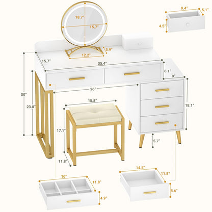 Vanity Desk with Mirror and Lights, Modern Makeup Vanity Table Set with 6 Storage Drawers and Cushioned Stool