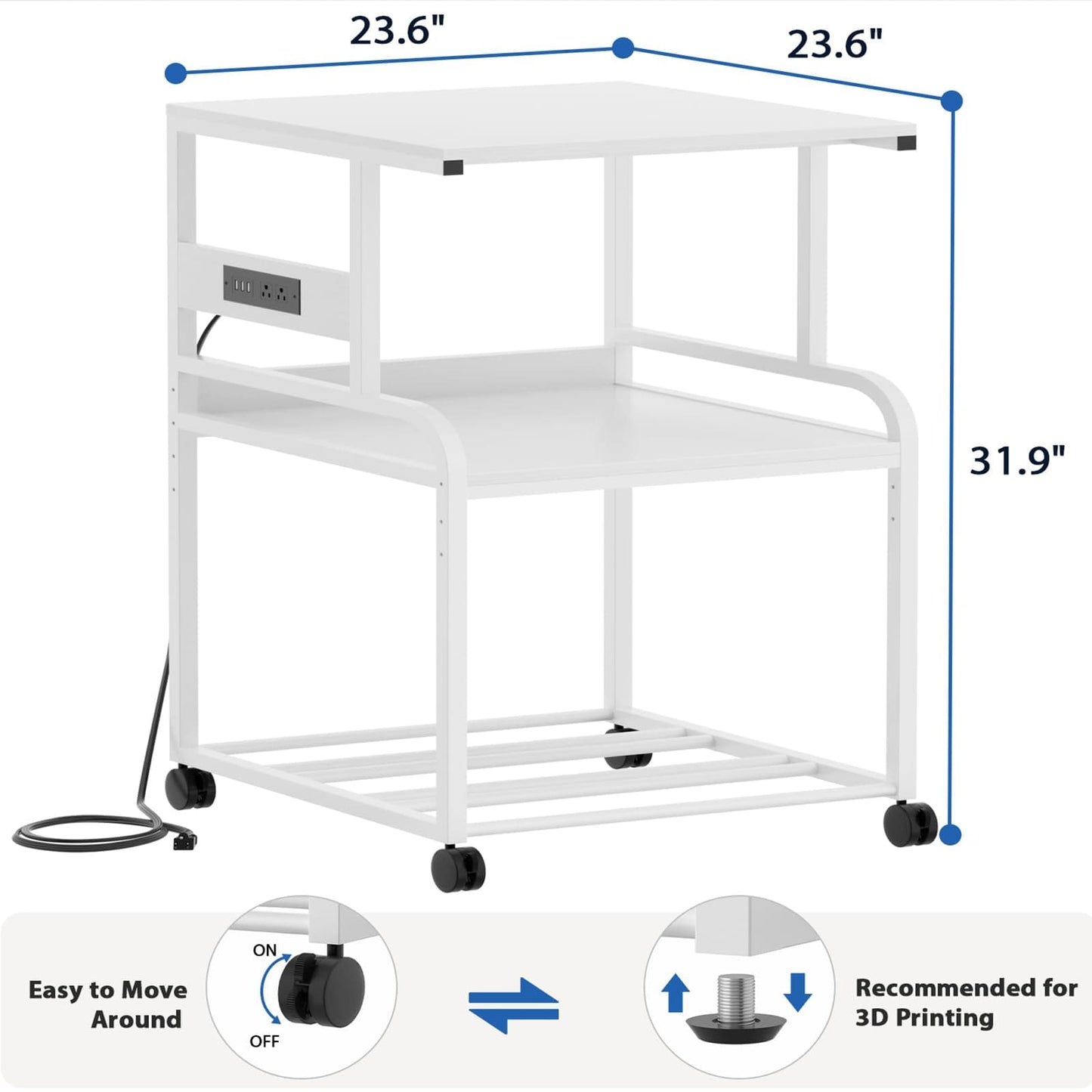 Heavy-Duty 3D Printer Rolling Cart with Power Outlet & Filament Storage, 3-Tier Adjustable Printer Stand for Home Office