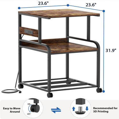 Heavy-Duty 3D Printer Rolling Cart with Power Outlet & Filament Storage, 3-Tier Adjustable Printer Stand for Home Office