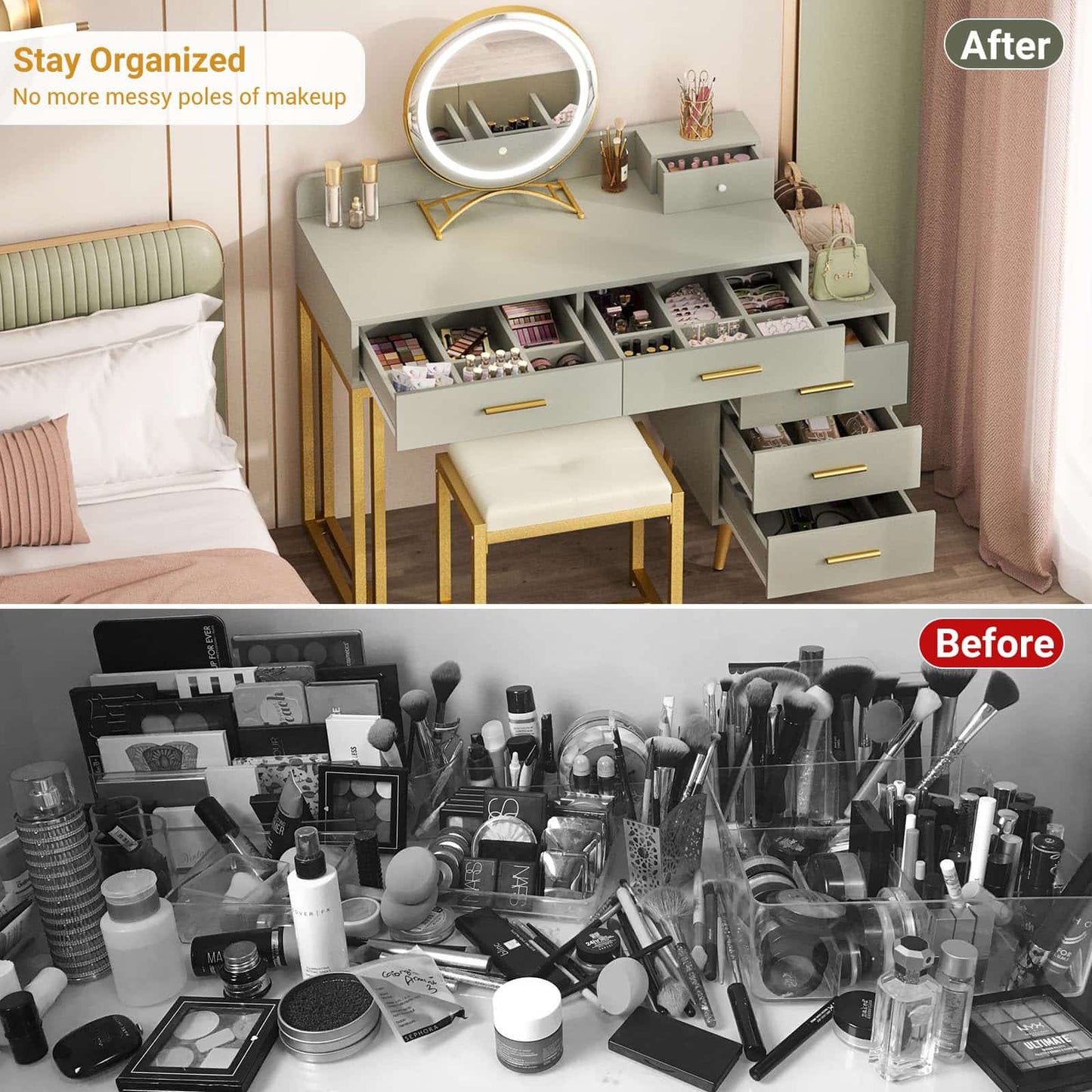Vanity Desk with Mirror and Lights, Modern Makeup Vanity Table Set with 6 Storage Drawers and Cushioned Stool