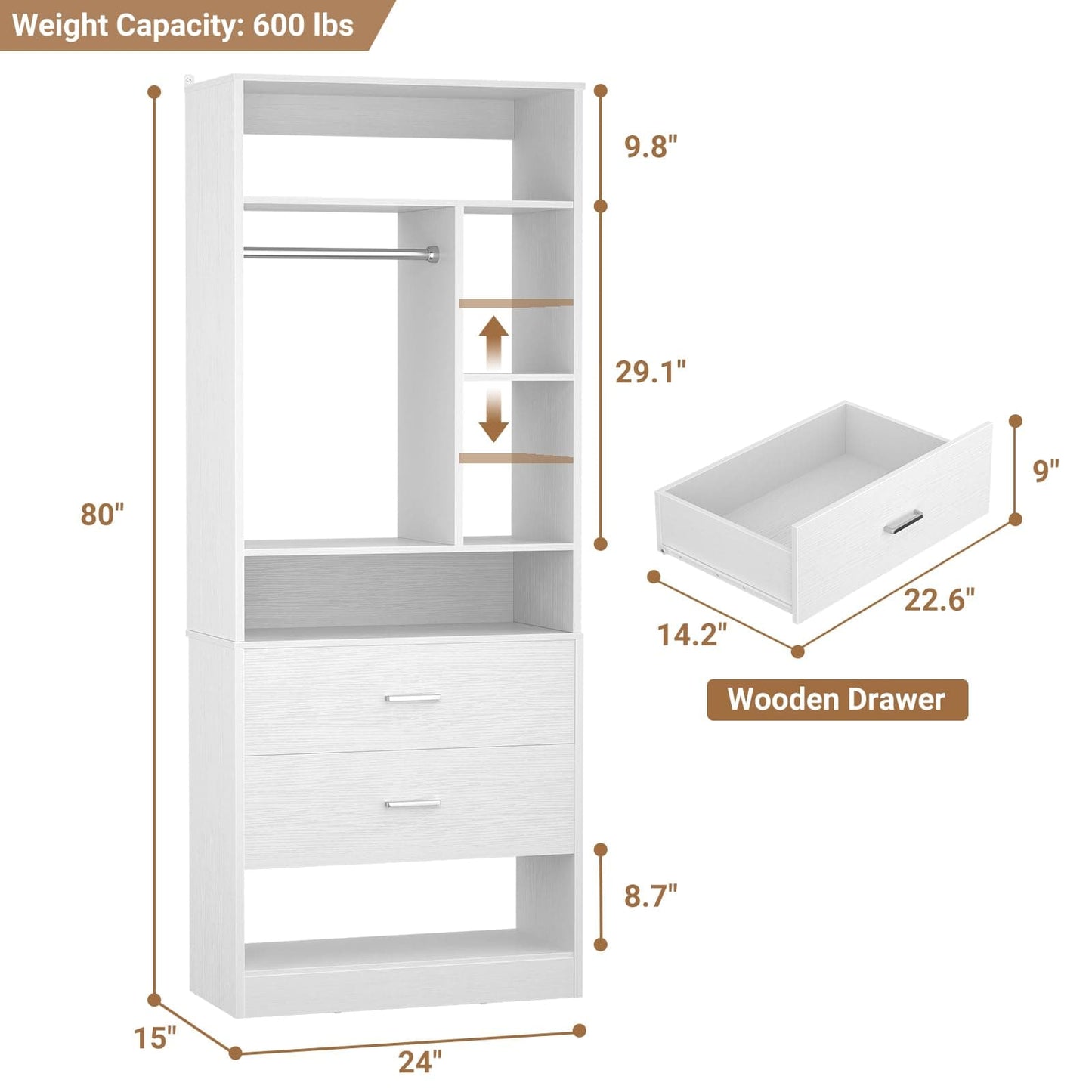 Freestanding 24" Closet System with 2 Wood Drawers, 2FT Small Closet Organizer System with 6 Shelves & Hanging Rod