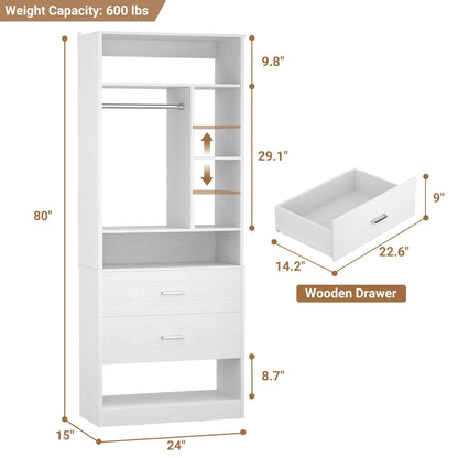 Freestanding 24" Closet System with 2 Wood Drawers, 2FT Small Closet Organizer System with 6 Shelves & Hanging Rod