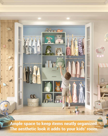 Adjustable Small Closet System, 3.2-6.8FT Expandable Closet Organizer with 2 Wooden Drawers & 5 Heavy-Duty Hanging Rods