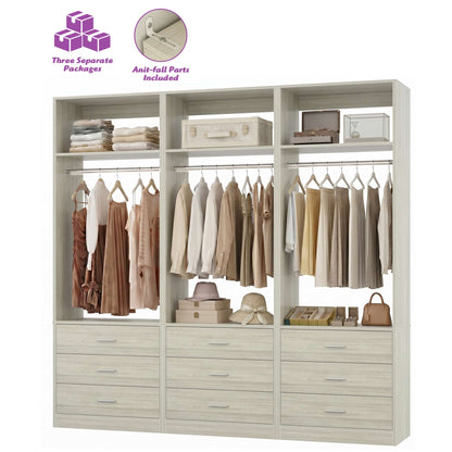 Freestanding Closet System Set - 3-Pack with 3 Wood Drawers Each,With Hanging Rod & Shelves, 24"L x 15"W x 80"H