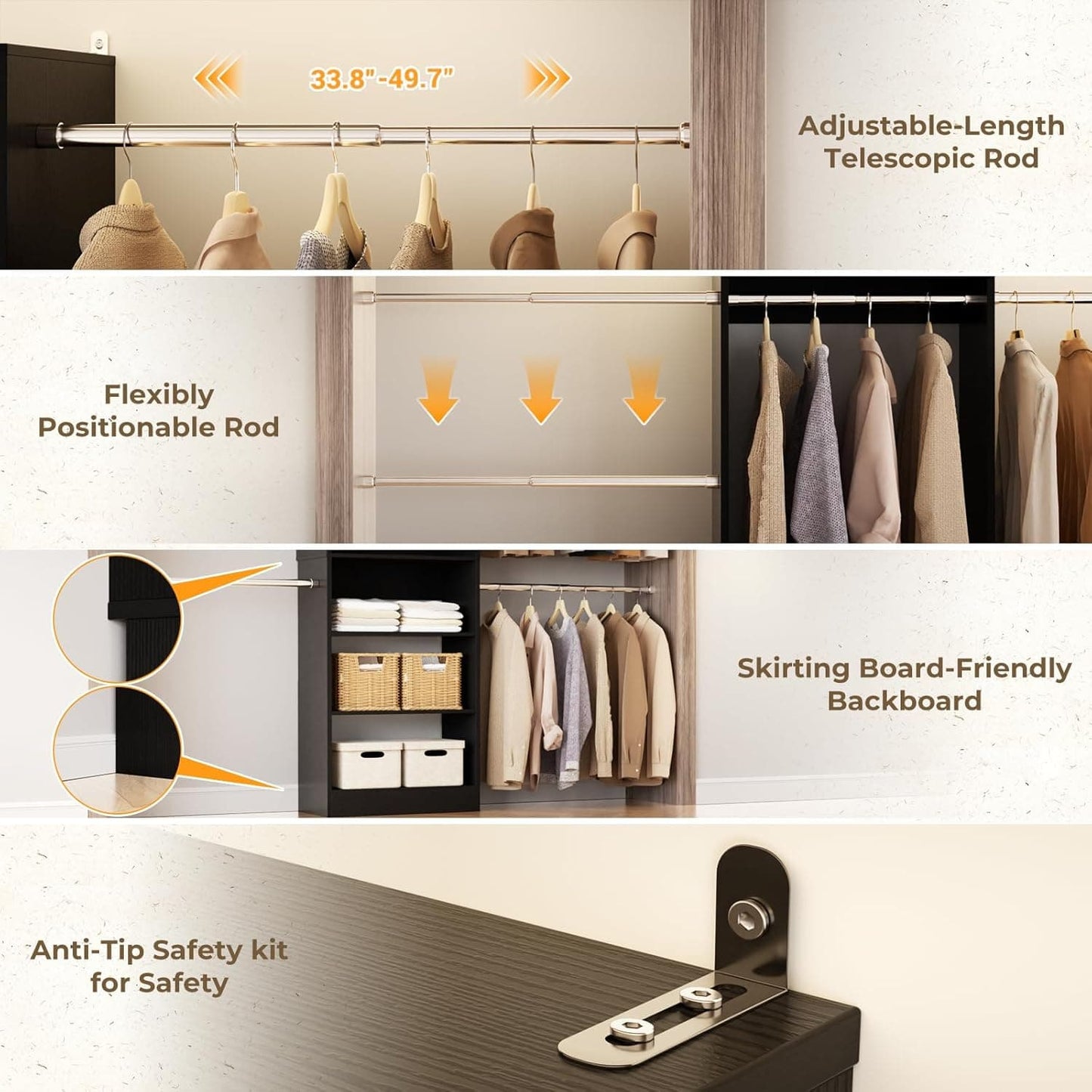 20.5-120'' W Closet Organizer System with 5 Hanging Rods, Shelving Tower