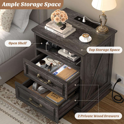 Set of 2 Nightstands with Charging Station, Farmhouse Rustic Bedside Tables with USB-C Ports, AC Outlets, Drawers & Open Shelf