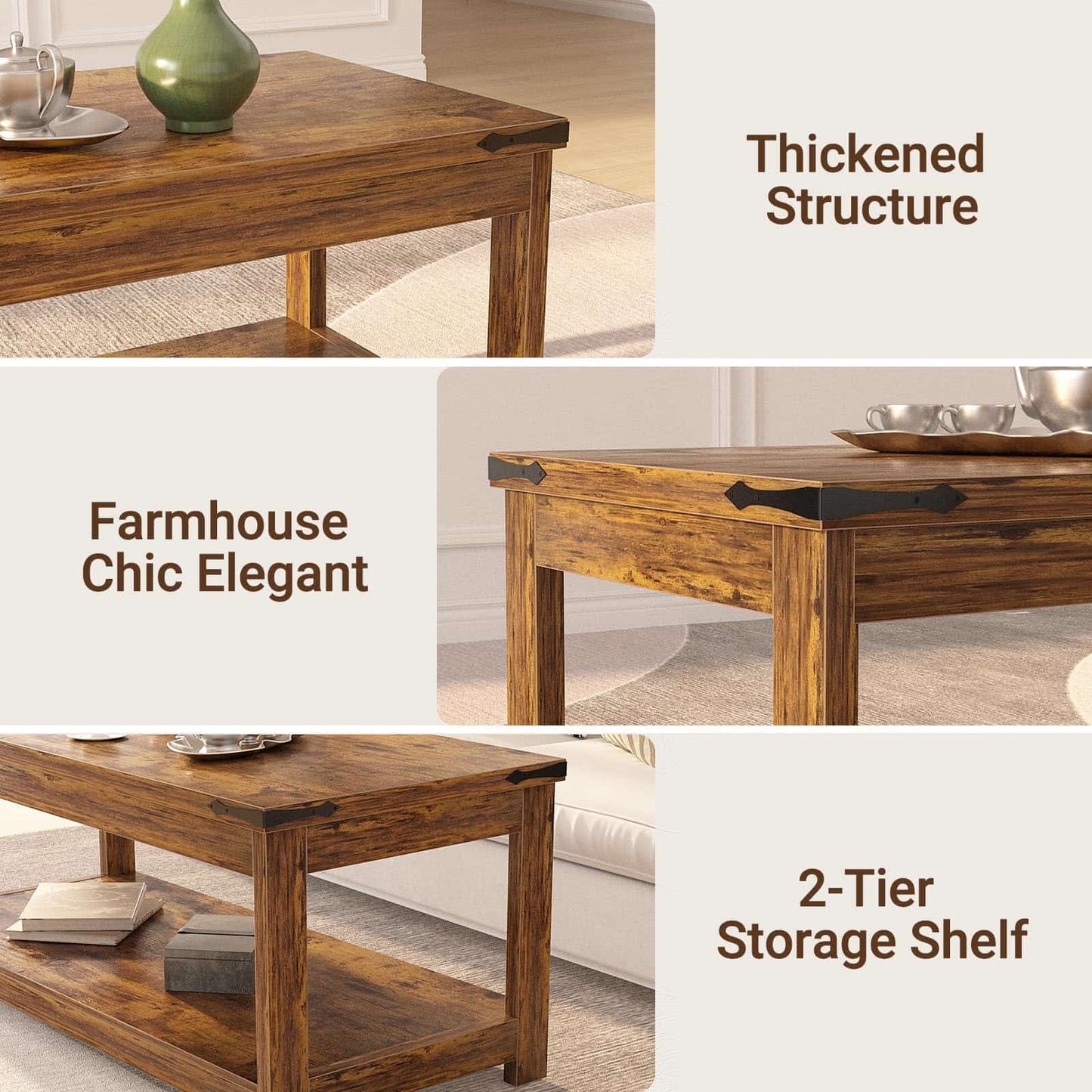 43.3” Farmhouse Wood Coffee Table with Storage Shelf, Modern Center Table for Living Room