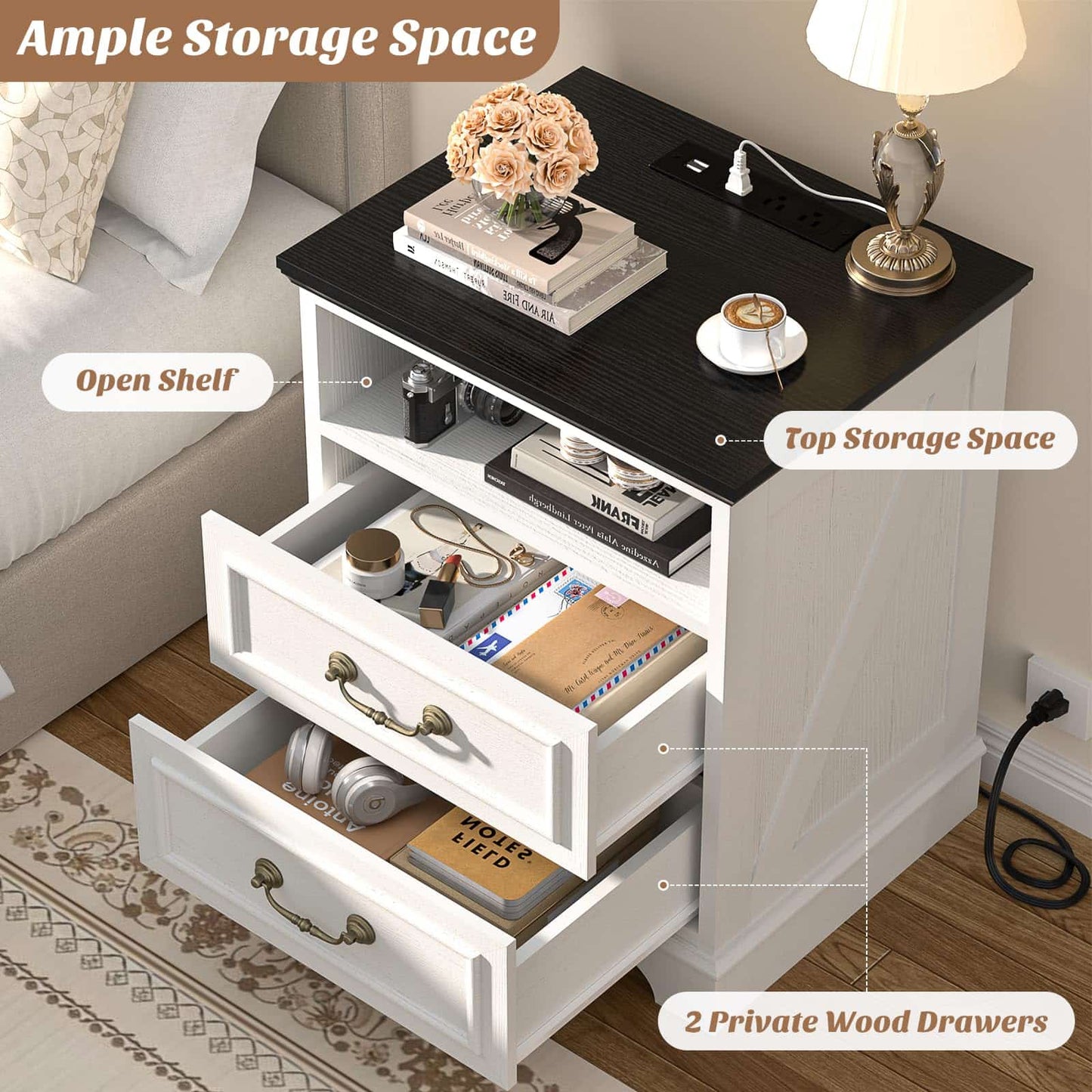 Set of 2 Nightstands with Charging Station, Farmhouse Rustic Bedside Tables with USB-C Ports, AC Outlets, Drawers & Open Shelf