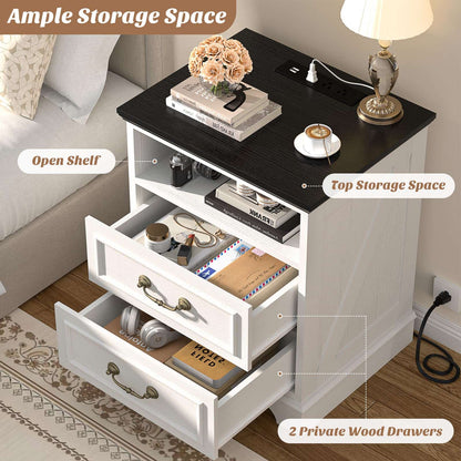 Set of 2 Nightstands with Charging Station, Farmhouse Rustic Bedside Tables with USB-C Ports, AC Outlets, Drawers & Open Shelf