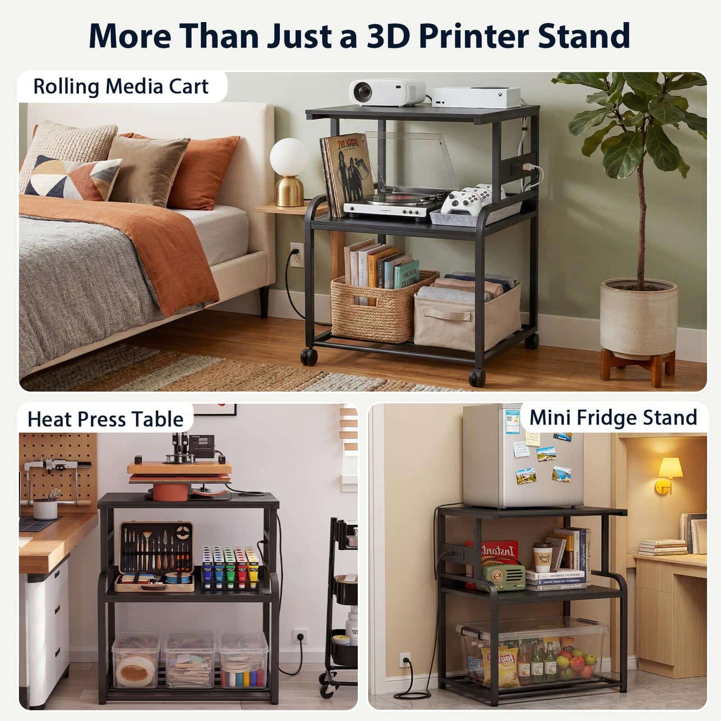 Heavy-Duty 3D Printer Rolling Cart with Power Outlet & Filament Storage, 3-Tier Adjustable Printer Stand for Home Office