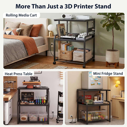 Heavy-Duty 3D Printer Rolling Cart with Power Outlet & Filament Storage, 3-Tier Adjustable Printer Stand for Home Office
