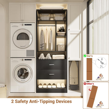 Freestanding 24" Closet System with 2 Wood Drawers, 2FT Small Closet Organizer System with 6 Shelves & Hanging Rod