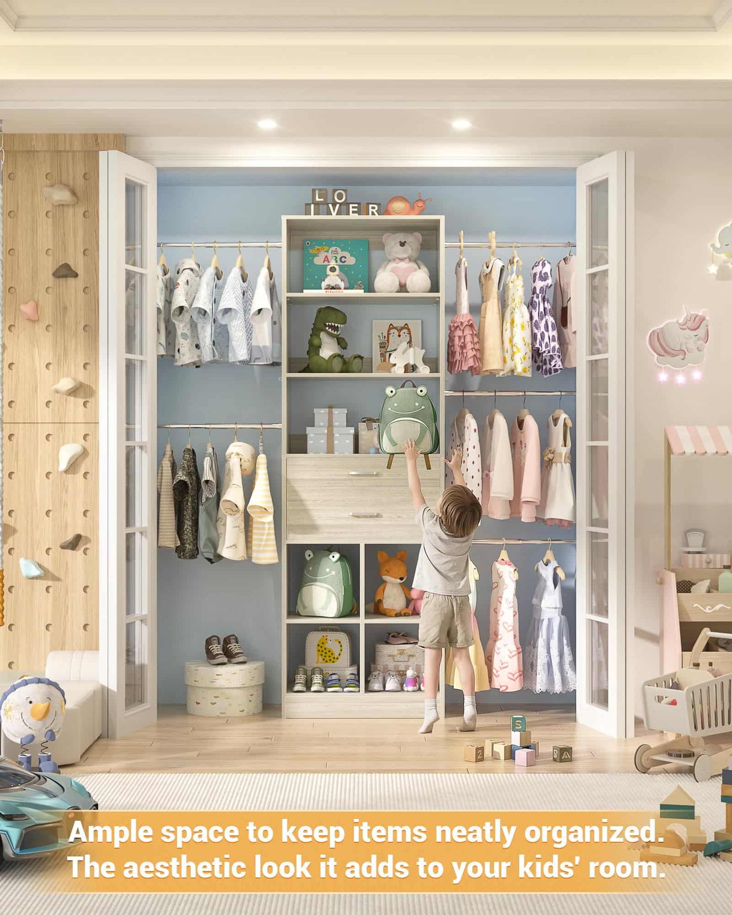 Adjustable Small Closet System, 3.2-6.8FT Expandable Closet Organizer with 2 Wooden Drawers & 5 Heavy-Duty Hanging Rods