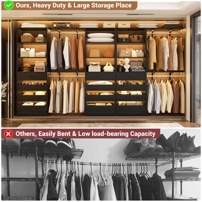 3-Piece L-Shaped Walk-in Closet Organizer System, 138.5" Wood Closet Tower with 12 Drawers & 4 Expandable Hanging Rods, Customizable Wardrobe Storage Set for Bedroom, Apartment