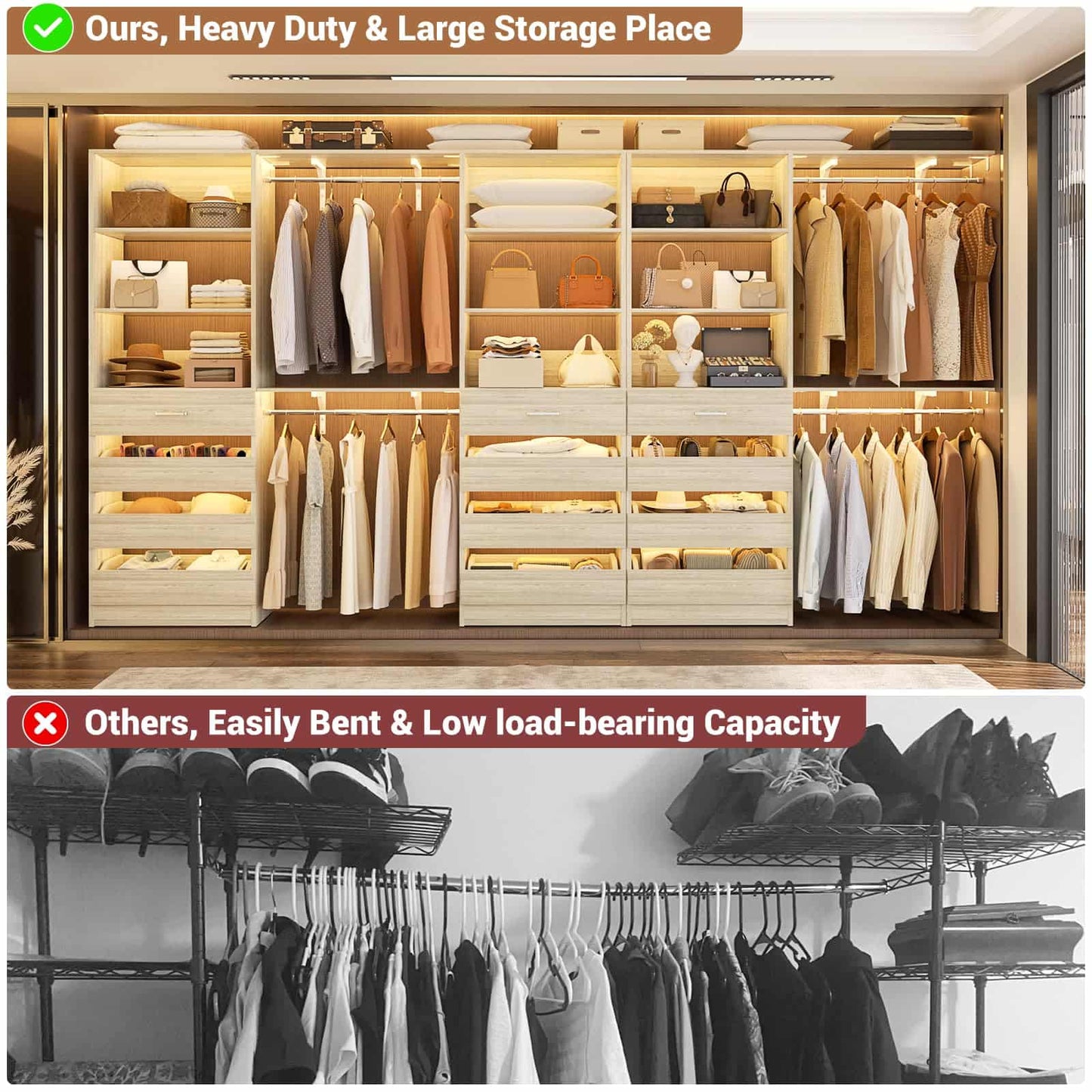 3-Piece L-Shaped Walk-in Closet Organizer System, 138.5" Wood Closet Tower with 12 Drawers & 4 Expandable Hanging Rods, Customizable Wardrobe Storage Set for Bedroom, Apartment