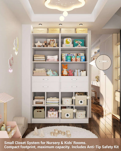 22" Floor-Standing Closet System, Multi-Tiered Wardrobe Storage Unit with Adjustable Shelves & Smooth-Glide Drawers