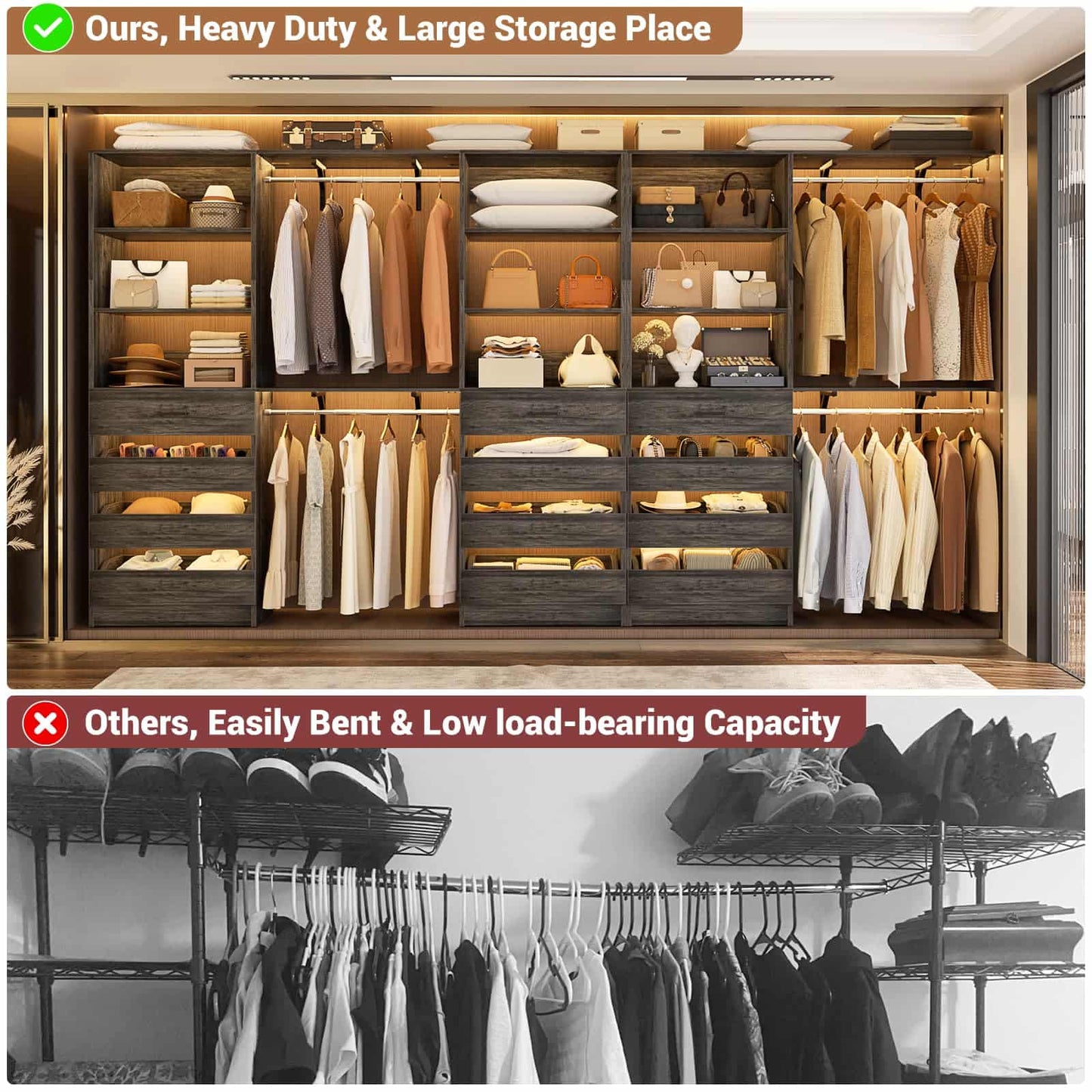 3-Piece L-Shaped Walk-in Closet Organizer System, 138.5" Wood Closet Tower with 12 Drawers & 4 Expandable Hanging Rods, Customizable Wardrobe Storage Set for Bedroom, Apartment