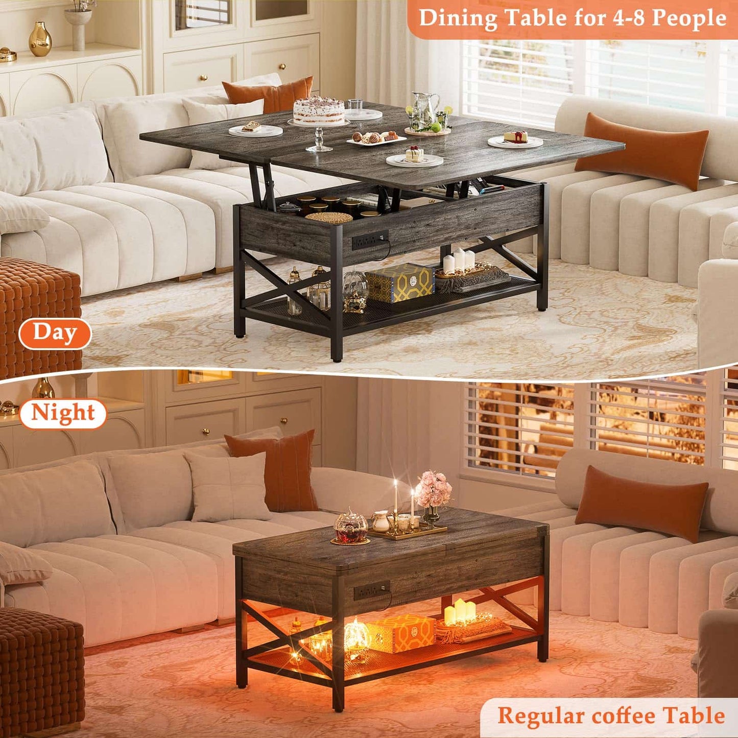 Coffee Table Lift Top with LED Light and Power Outlet, Multi-Function Coffee Table Converts to Dining Table