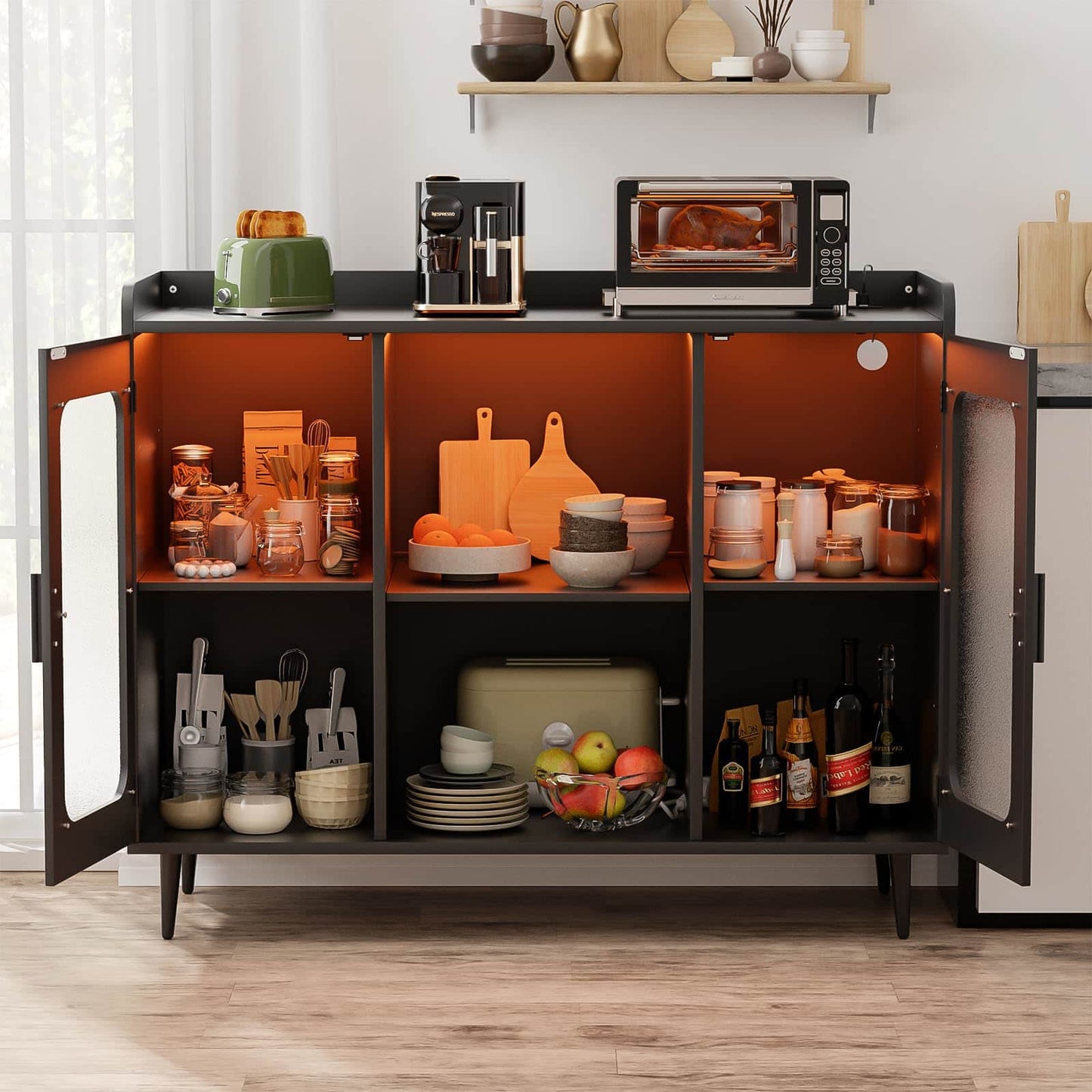 Assembled Wine Bar Cabinet with Power Outlet and LED Lights