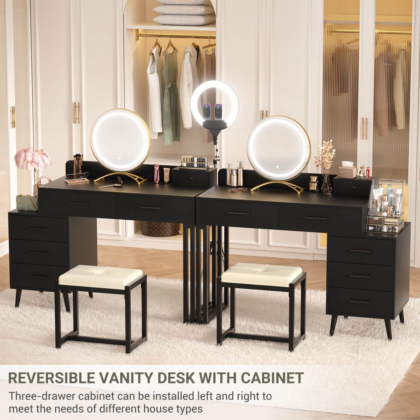 Vanity Desk with Mirror and Lights, Modern Makeup Vanity Table Set with 6 Storage Drawers and Cushioned Stool