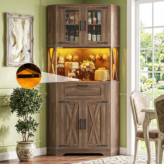 Corner Pantry Cabinet with Outlets & LED Lights, 71" Tall Corner Kitchen Pantry Storage Cabinet with Doors and Adjustable Shelf