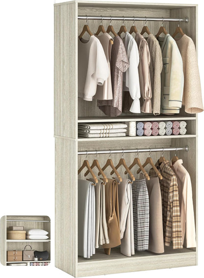 36" Freestanding Closet System with 2 Hanging Rods & Adjustable Shelves