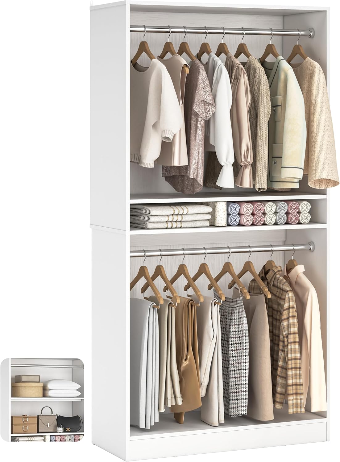 36" Freestanding Closet System with 2 Hanging Rods & Adjustable Shelves