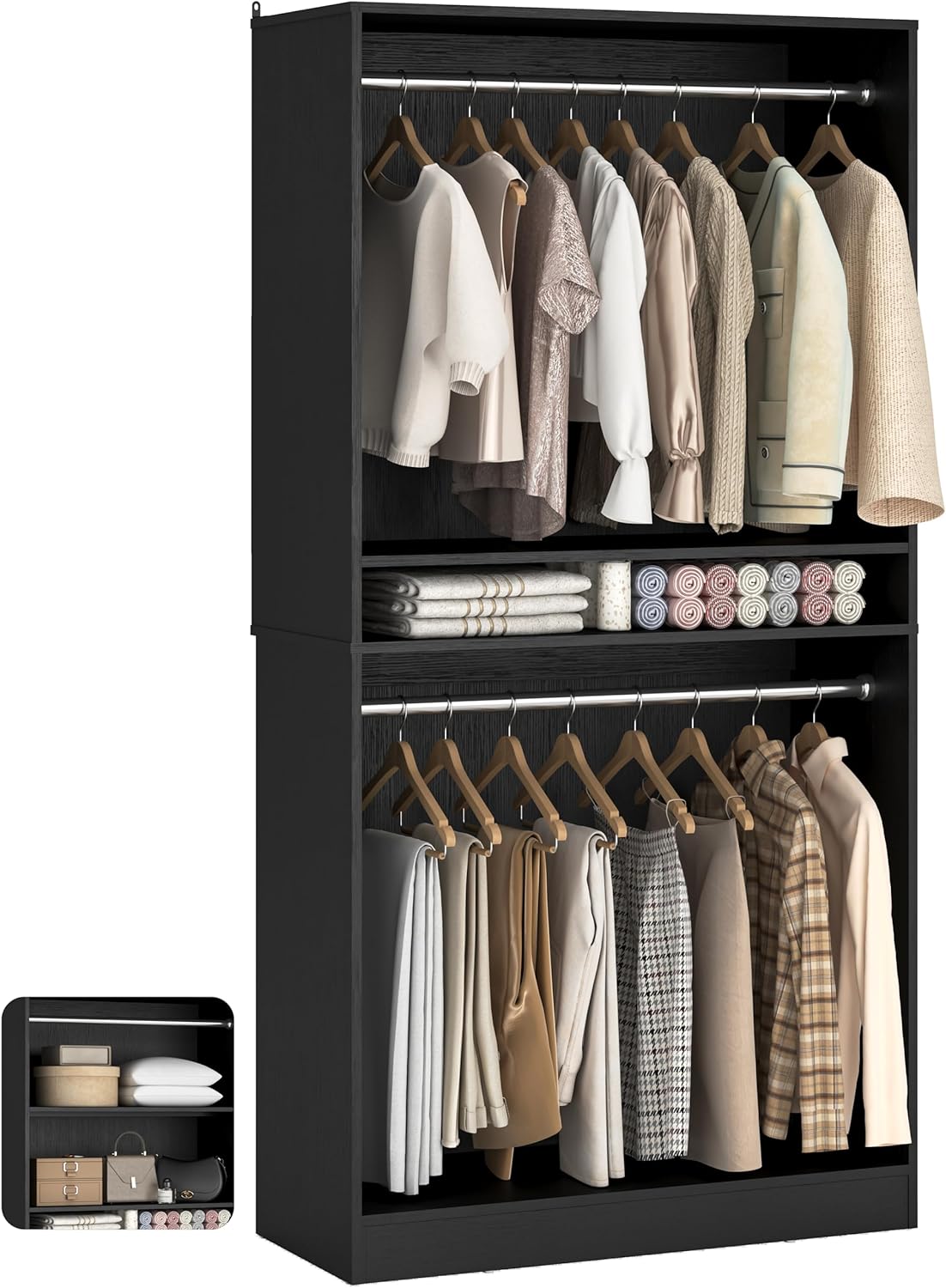 36" Freestanding Closet System with 2 Hanging Rods & Adjustable Shelves