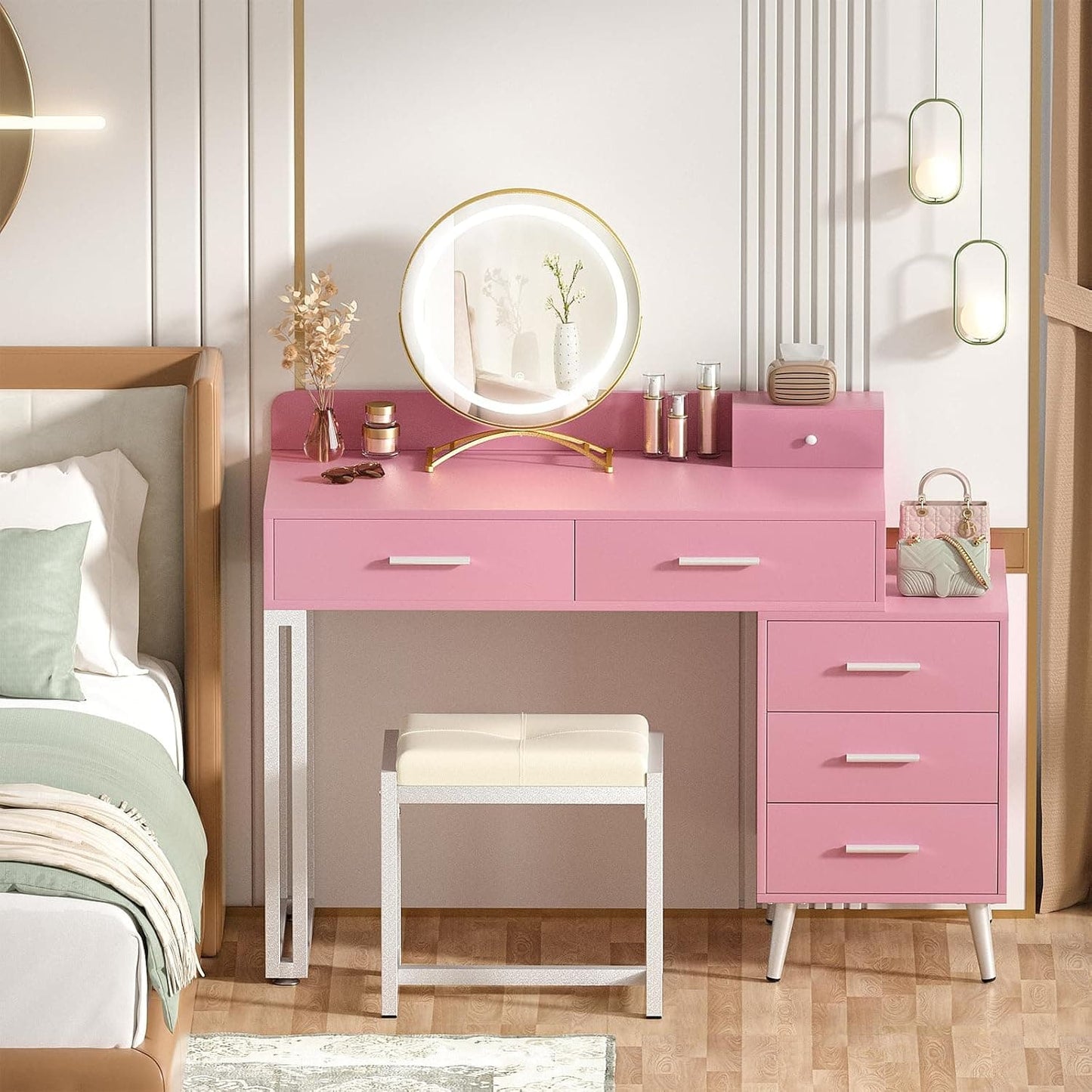 Vanity Desk with Mirror and Lights, Modern Makeup Vanity Table Set with 6 Storage Drawers and Cushioned Stool