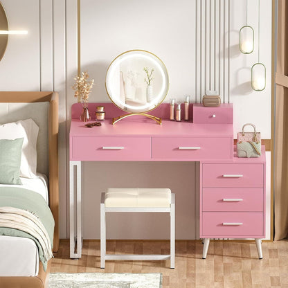 Vanity Desk with Mirror and Lights, Modern Makeup Vanity Table Set with 6 Storage Drawers and Cushioned Stool