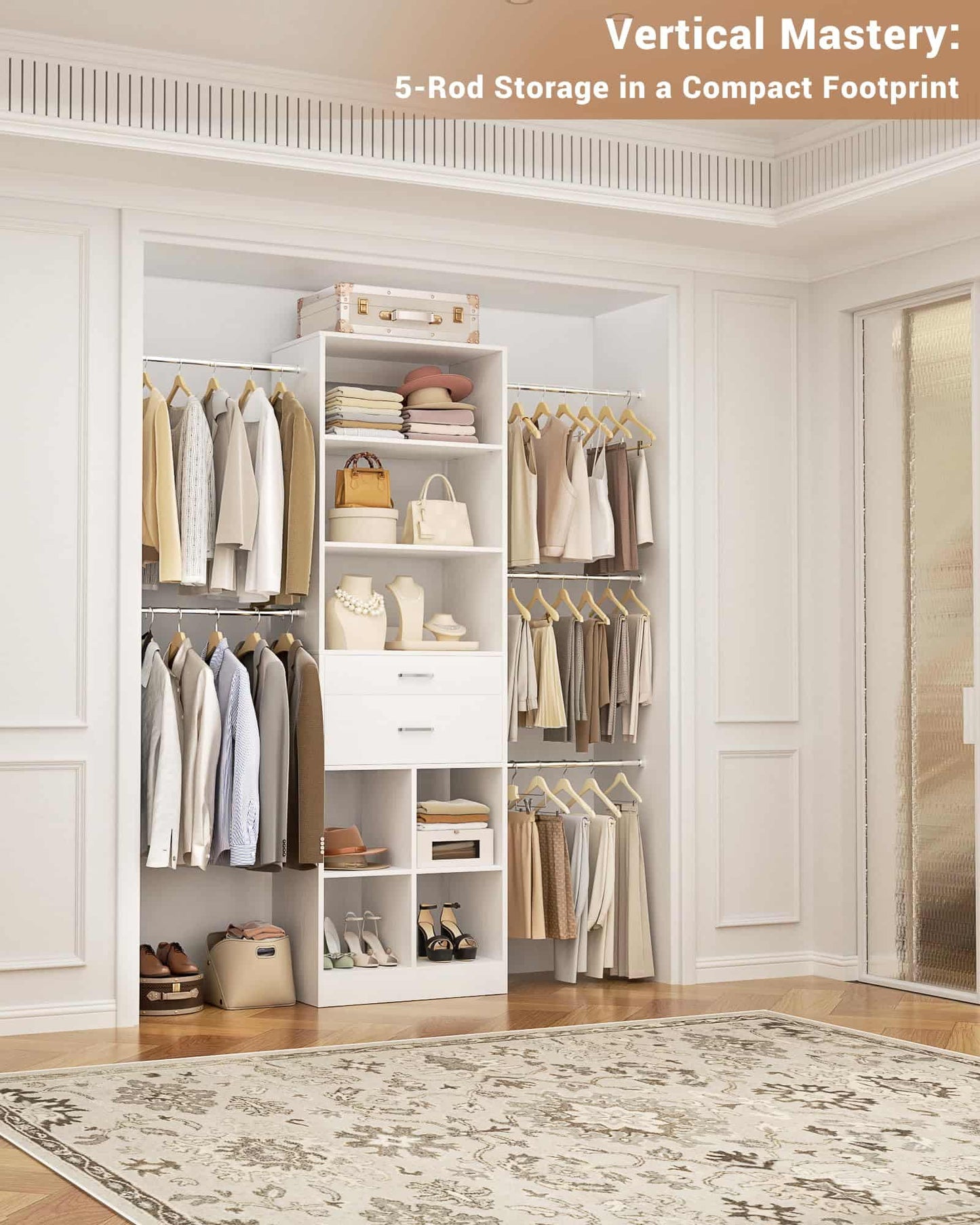Adjustable Small Closet System, 3.2-6.8FT Expandable Closet Organizer with 2 Wooden Drawers & 5 Heavy-Duty Hanging Rods