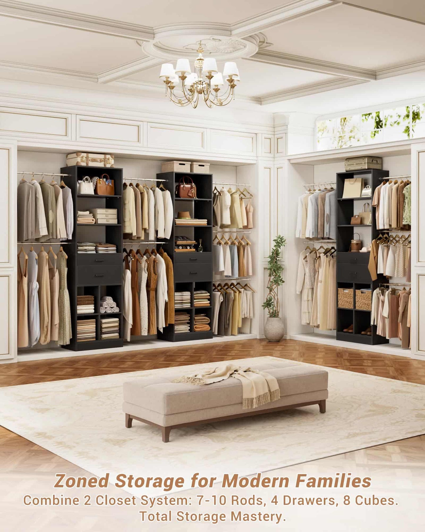 Adjustable Small Closet System, 3.2-6.8FT Expandable Closet Organizer with 2 Wooden Drawers & 5 Heavy-Duty Hanging Rods