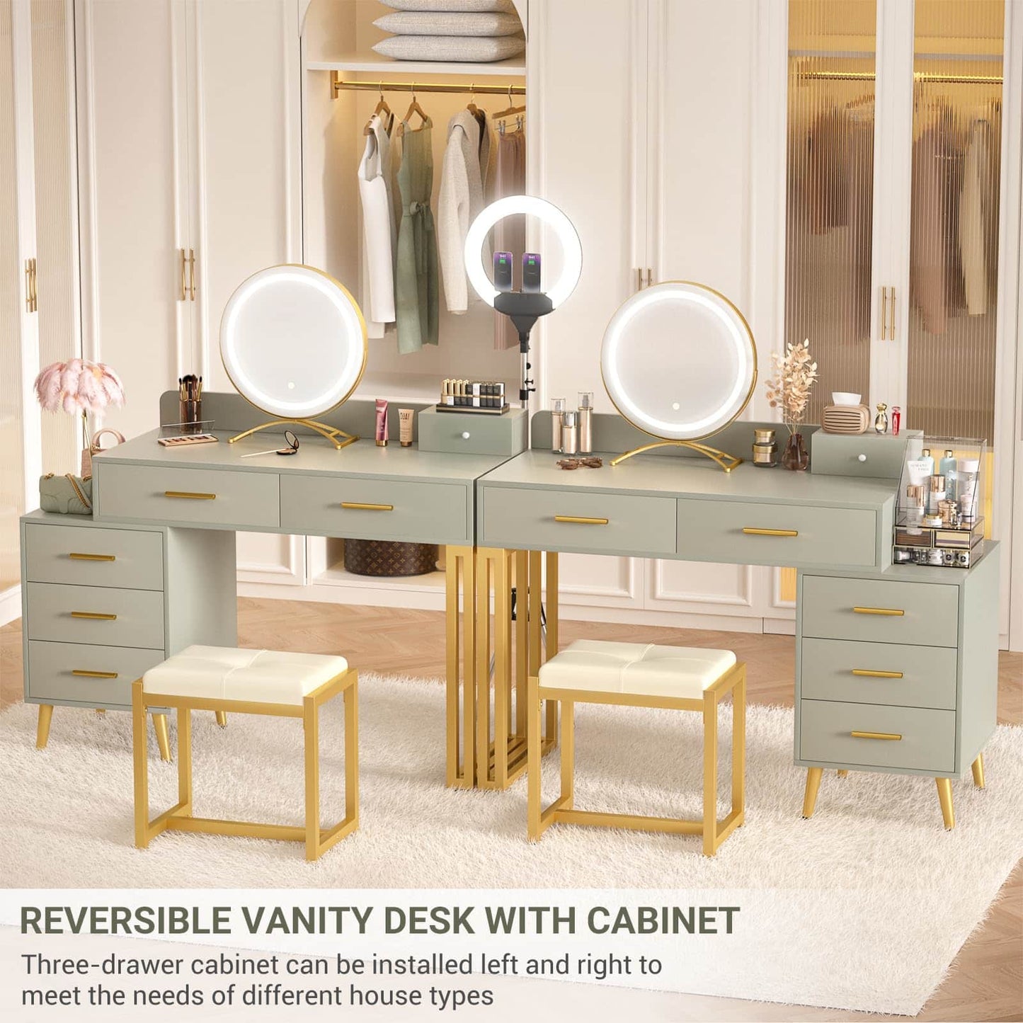 Vanity Desk with Mirror and Lights, Modern Makeup Vanity Table Set with 6 Storage Drawers and Cushioned Stool