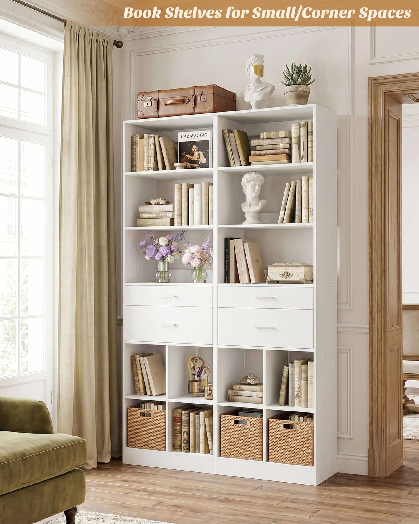 Tall Vertical Closet System, 18.9" Width Freestanding Wardrobe Storage Unit with Adjustable Shelves & Smooth-Glide Drawers