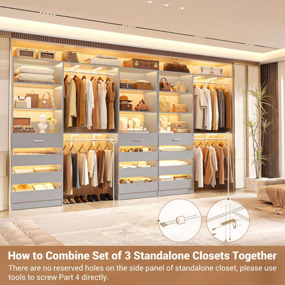 3-Piece L-Shaped Walk-in Closet Organizer System, 138.5" Wood Closet Tower with 12 Drawers & 4 Expandable Hanging Rods, Customizable Wardrobe Storage Set for Bedroom, Apartment