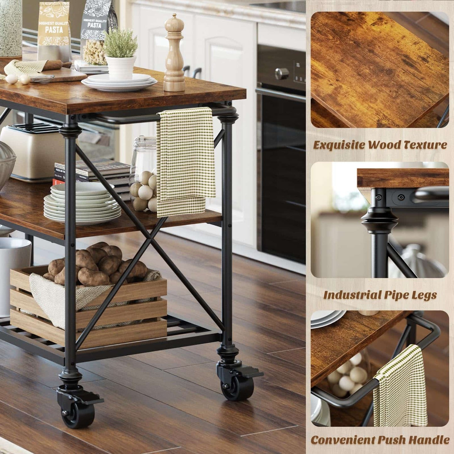 Industrial Mobile Kitchen Island Cart with Wheels: 3-Tier Storage, Lockable Casters for Kitchen, Dining & Small Spaces