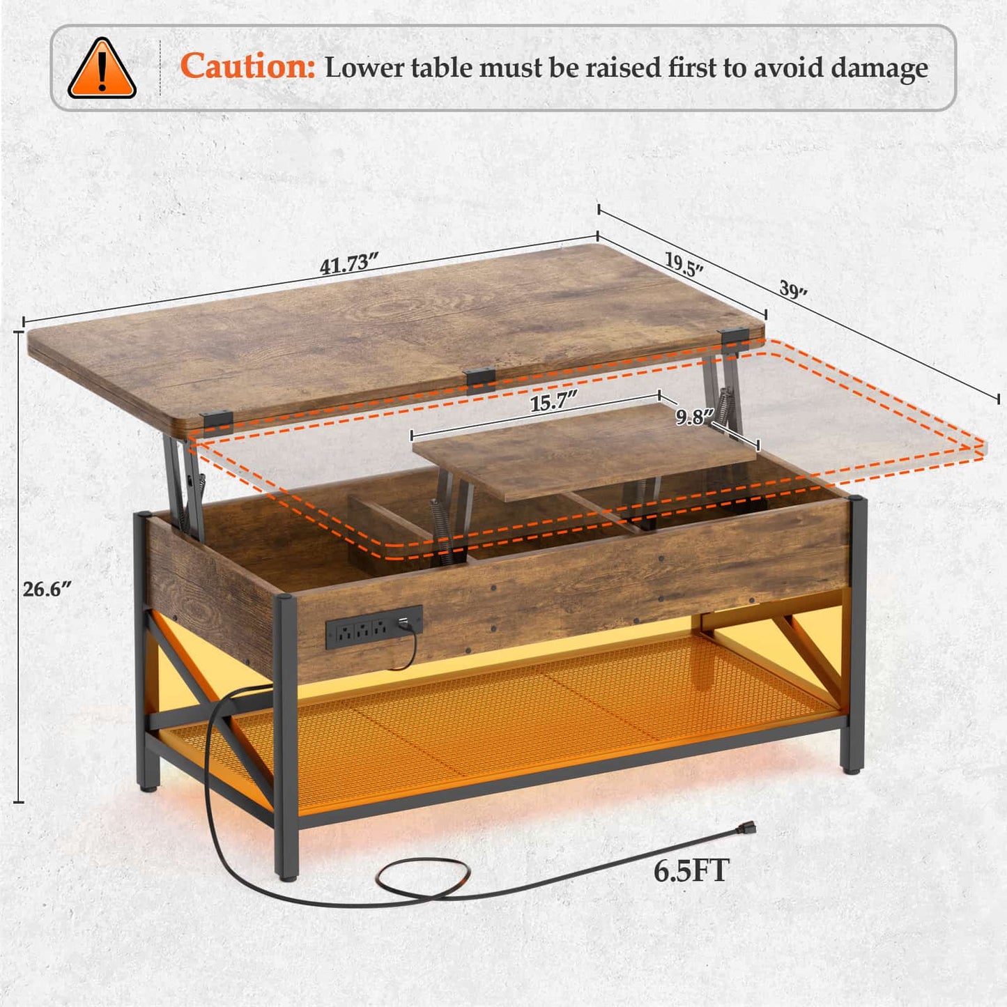 Coffee Table Lift Top with LED Light and Power Outlet, Multi-Function Coffee Table Converts to Dining Table