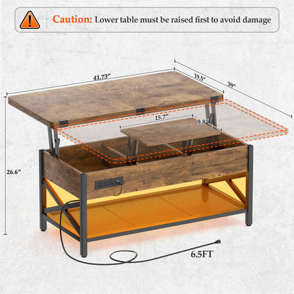 Coffee Table Lift Top with LED Light and Power Outlet, Multi-Function Coffee Table Converts to Dining Table
