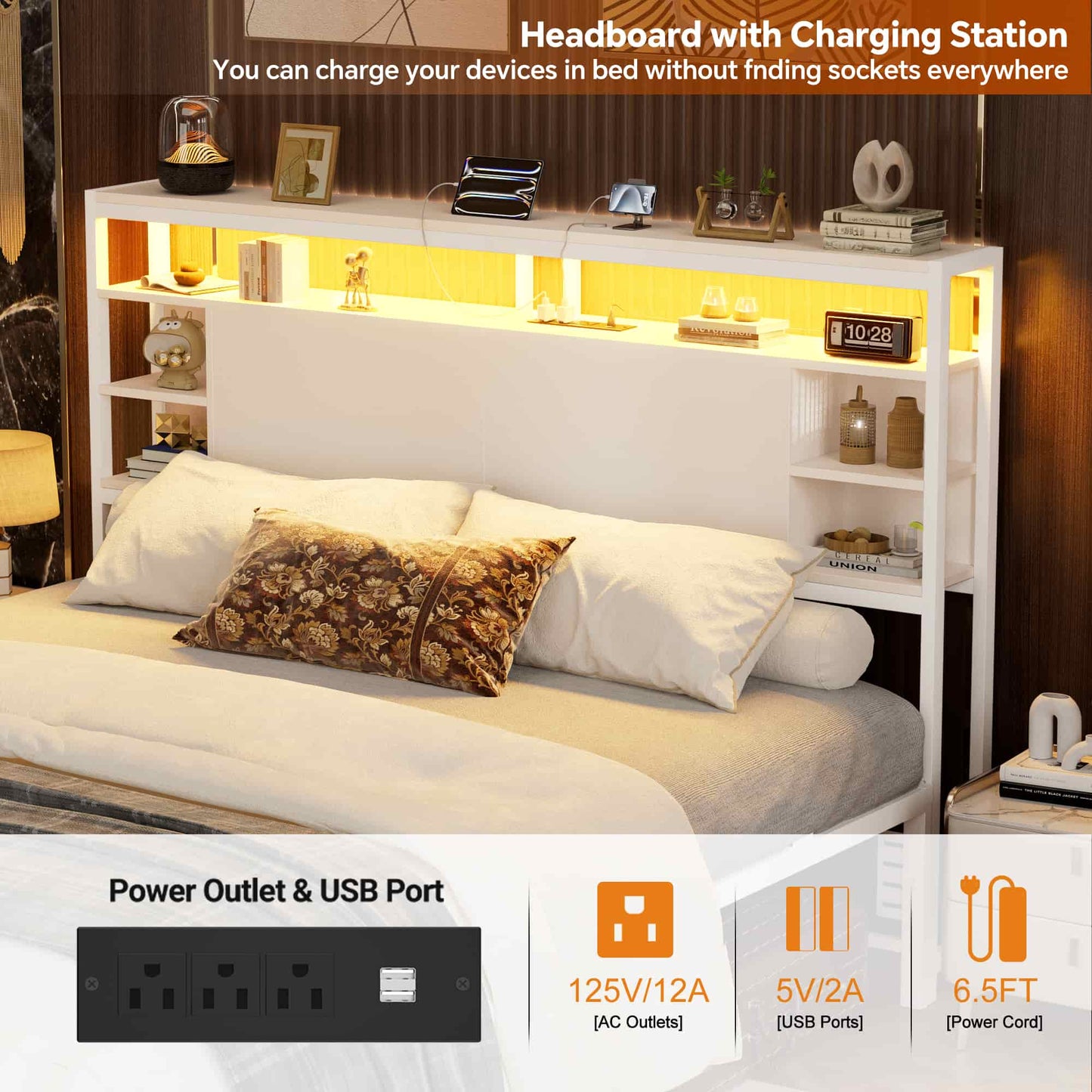 Queen Headboard with Storage, Headboards with Power Outlets and Smart LED Light, Sturdy Head Board for Queen Size Bed