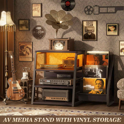4-Tier Media Stand with Vinyl Storage, Power Outlets & LED Lights