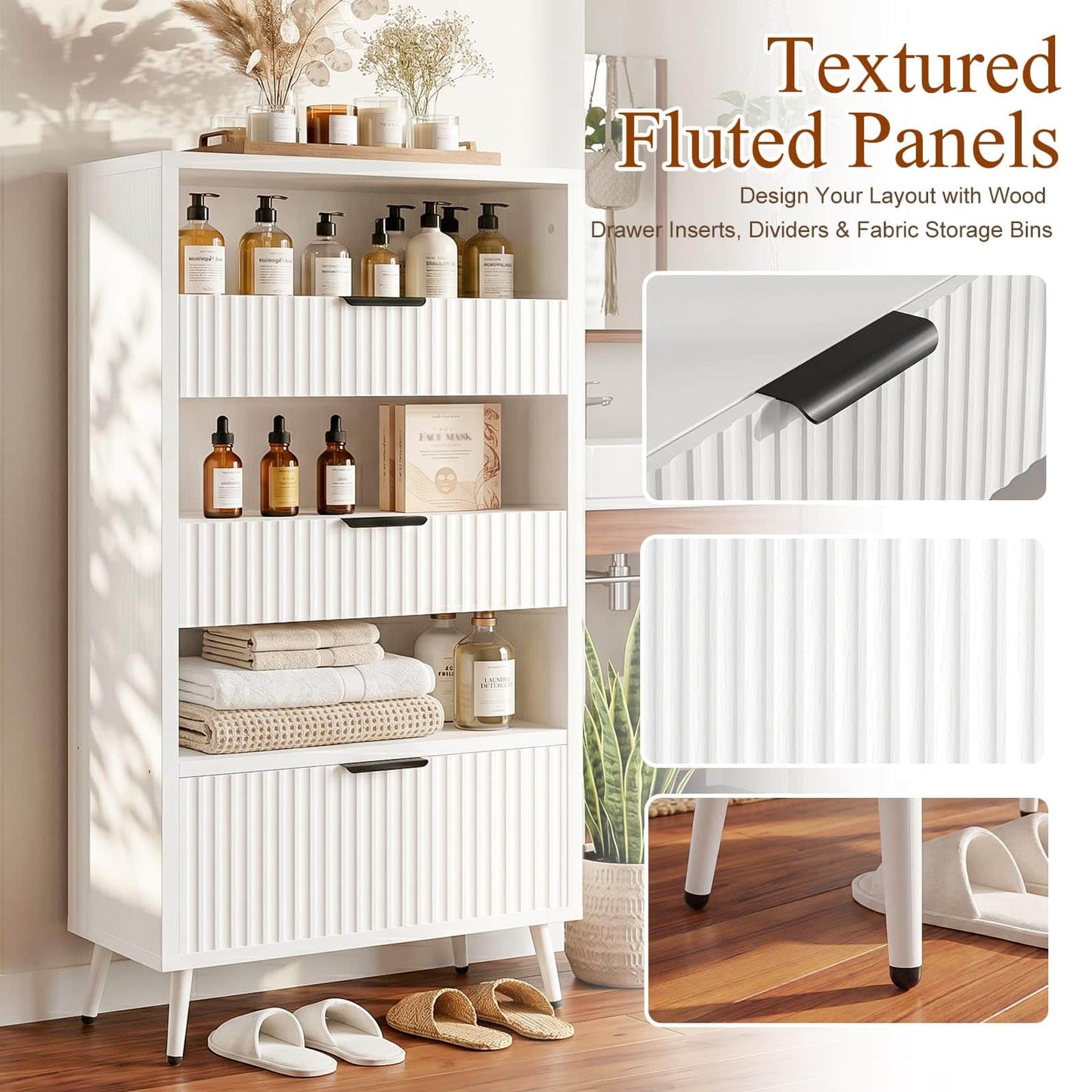 Modern Fluted Storage Cabinet, 51.2" Tall Freestanding Organizer with 3 Drawers & Open Shelf, Versatile Pantry Cabinet for Bathroom, Kitchen, Entryway - Narrow Design for Small Spaces