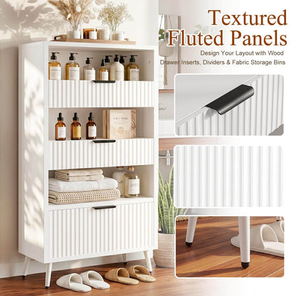 Modern Fluted Storage Cabinet, 51.2" Tall Freestanding Organizer with 3 Drawers & Open Shelf, Versatile Pantry Cabinet for Bathroom, Kitchen, Entryway - Narrow Design for Small Spaces