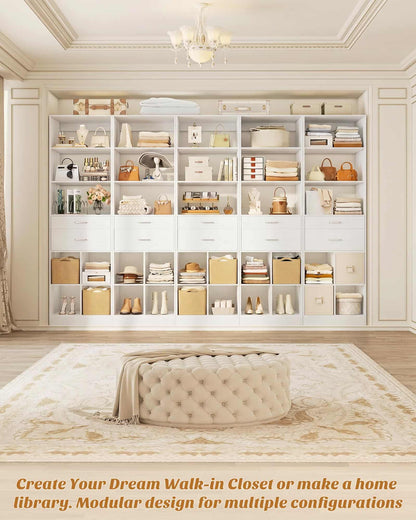Tall Vertical Closet System, 18.9" Width Freestanding Wardrobe Storage Unit with Adjustable Shelves & Smooth-Glide Drawers